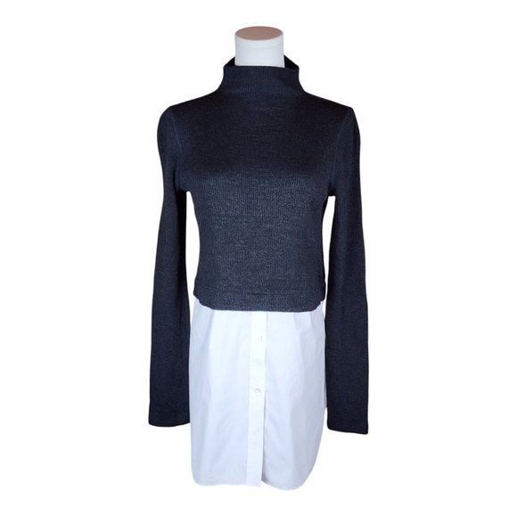 Theory LS Combo Tunic Sweater Charcoal Ribbed Knit Layered Shirt Hem Size Medium - Picture 2 of 9
